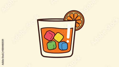 Orange juice with ice cubes and orange slice refreshing beverage illustration