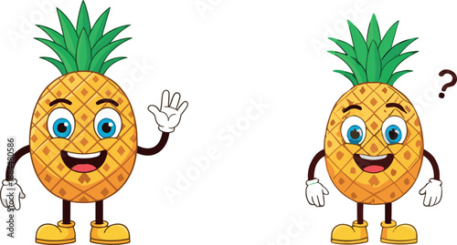 Cute cartoon pineapple characters waving and confused mascot flat vector illustration