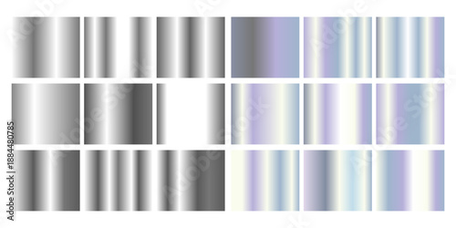 Metallic hologram frame collection with gradient transitions from silver chrome to iridescent rainbow finishes for modern design. Rectangular borders with reflective surfaces and color shifting effect