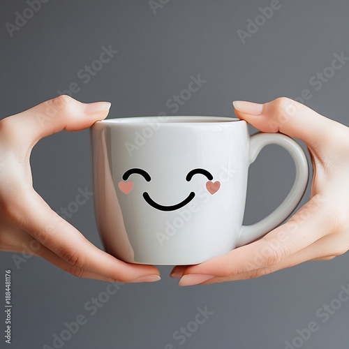Gentle caring hands delicately holding a bright white ceramic coffee mug featuring a cute happy smiling face design with small pink hearts for eyes against a neutral background