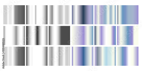 Metallic hologram frame collection with gradient transitions from silver chrome to iridescent rainbow finishes for modern design. Rectangular borders with reflective surfaces and color shifting effect