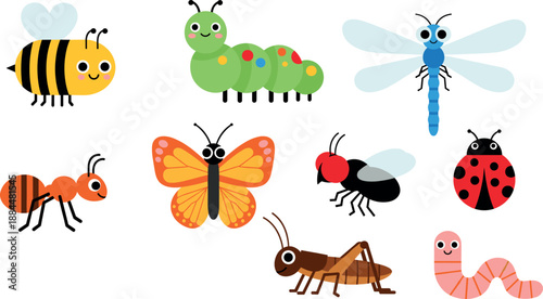Cute colorful insects vector set with bee caterpillar dragonfly ant butterfly ladybug grasshopper worm flat cartoon illustration collection