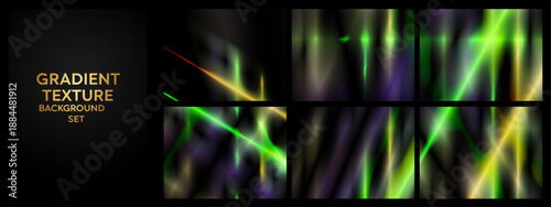 Collection of glowing green and violet light streak gradients over black, creating a high-energy futuristic backdrop perfect for tech events, music visuals, and gaming brands.