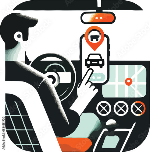 Driver using navigation app in car driving technology