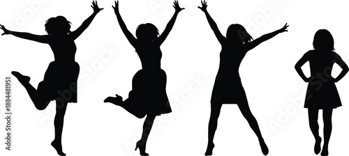 Girls silhouettes dancing and jumping with raised arms, joyful childhood movement and freedom expression, energetic kids activity and playful 