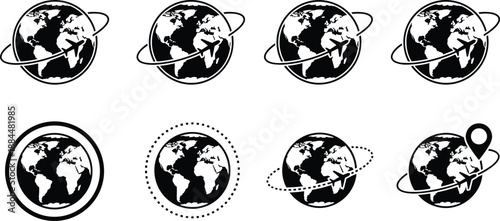 Global travel and navigation icons set with airplane, location pin, and orbit lines, minimalist black and white world map symbols for logistics and tourism design