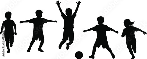 Kids playing football silhouettes showing active children running and jumping, childhood sports fun and teamwork concept, energetic youth activity isolated on white background, studio minimal style