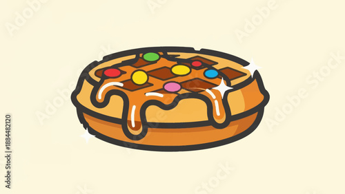 Delicious waffle dessert with colorful candies and caramel drizzle illustration