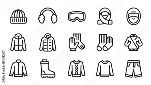 Collection of Winter Clothing and Accessories Icons: Vector Set for Cold Weather Gear, Skiing, and Snow Activities