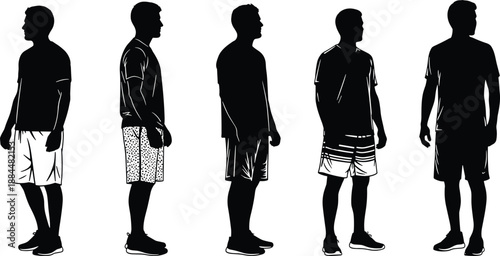 Male standing silhouettes in multiple angles, casual sportswear clothing, front side profile views, isolated black vector illustration on white background for design and reference
