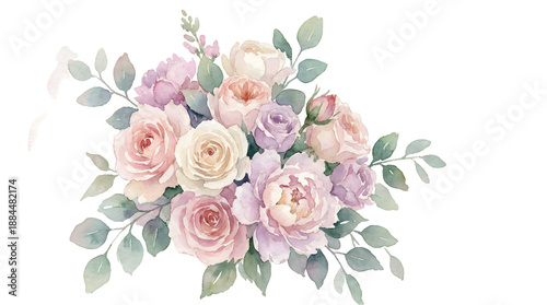Watercolor floral arrangement with roses and foliage