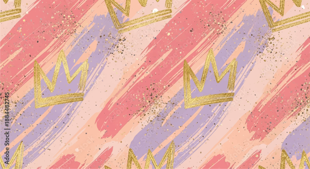 Obraz premium Elegant Gold Crown Seamless Pattern with Pastel Pink and Purple Grunge Brushstrokes