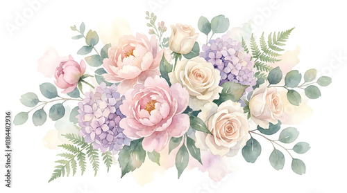 Watercolor floral arrangement with roses and hydrangeas