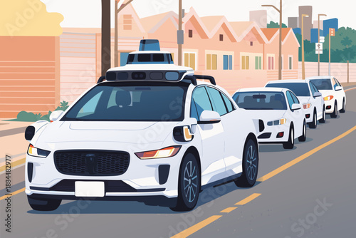 White passenger cars with autonomous driving technology moving through city traffic by following each other.