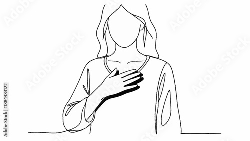 Continuous line drawing of a woman with hand on chest.