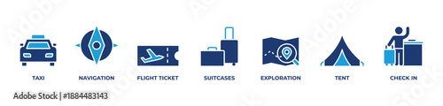 From Check-In to Exploration Icons set vector illustration blue with Taxi, Navigation, Flight ticket, Suitcases, Exploration, Tent, Check in