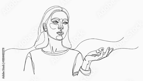 Continuous line drawing of a young woman with her hand extended.
