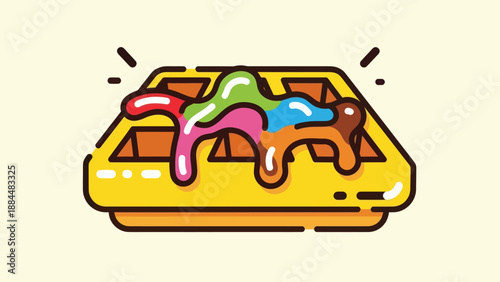 Colorful waffle illustration with dripping syrup in bright flat design style
