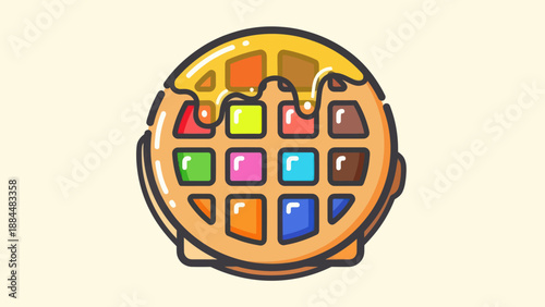 Colorful waffle illustration with syrup drizzled on top for design