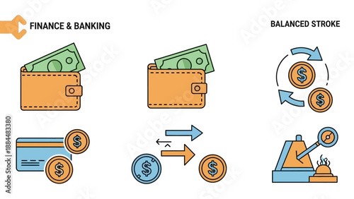 Finance and Banking Icons Set Wallet Money Credit Card Transactions.