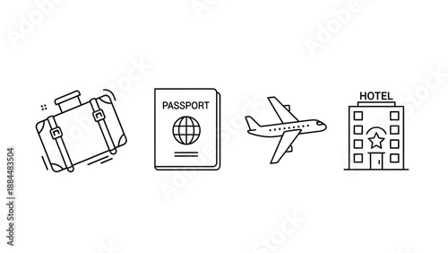 Travel Icons Set Featuring Luggage Passport Airplane and Hotel.