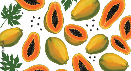Papaya fruit seamless pattern with whole and sliced tropical papayas, seeds and leaves vector illustration