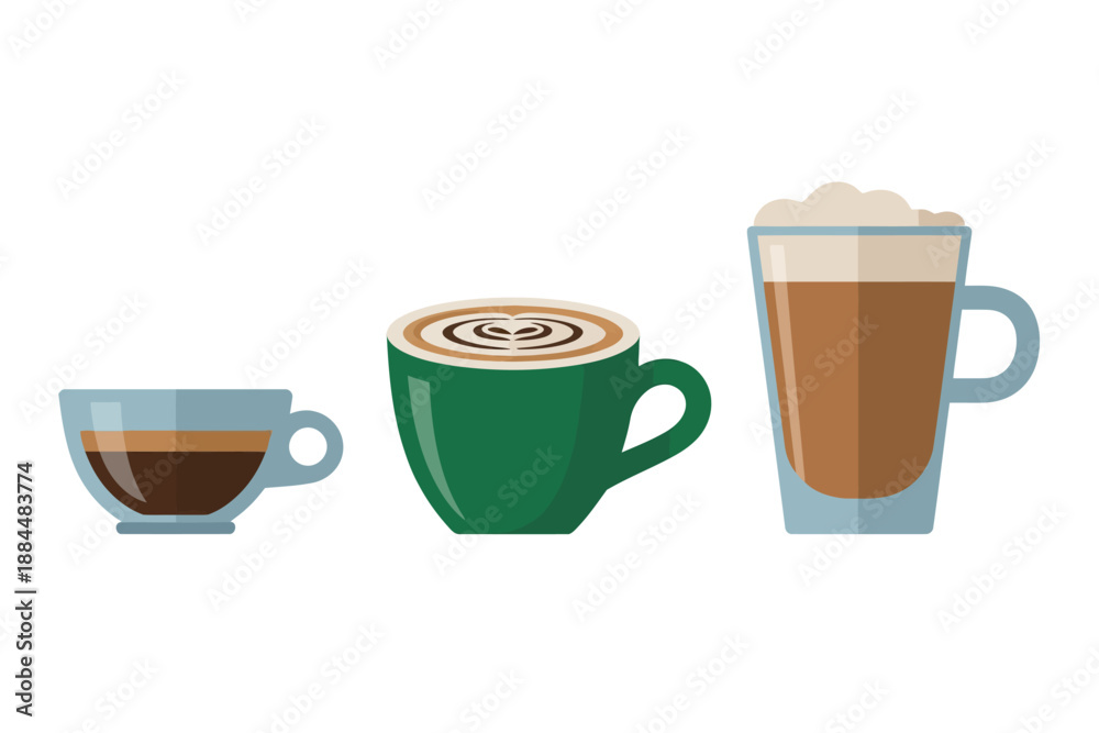 Obraz premium Colorful illustration of three coffee cups with different designs and toppings