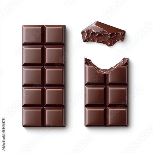 Delicious rich dark chocolate bar broken into pieces and showing a fresh bite mark demonstrating tempting confectionery indulgence on a clean white background