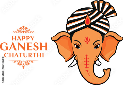 Ganesha vector illustration with Lord Ganesh head wearing traditional turban for Happy Ganesh Chaturthi festival