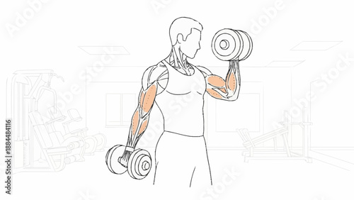 Man performing bicep curls with dumbbells for arm strength.