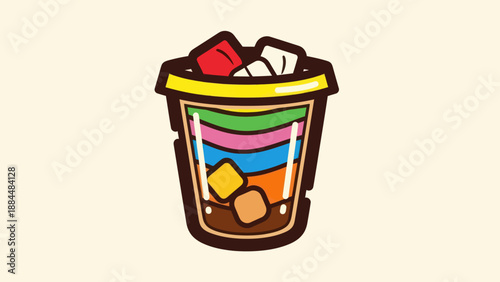 Colorful layered beverage in a transparent cup with ice cubes