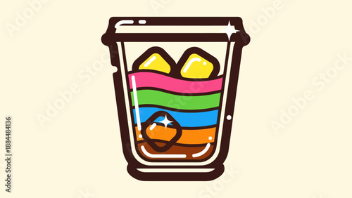 Colorful layered beverage in a transparent cup with ice cubes illustration