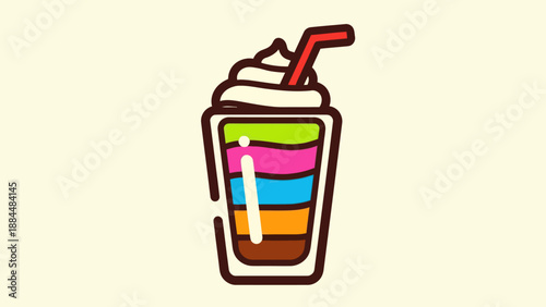Colorful layered beverage with whipped cream and a straw isolated on background