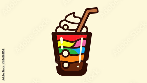 Colorful layered beverage with whipped cream and straw vector illustration