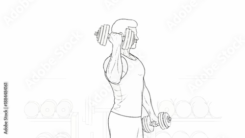 Man performing dumbbell bicep curls in a gym setting.