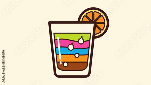 Colorful layered cocktail beverage with orange slice garnish on a neutral background