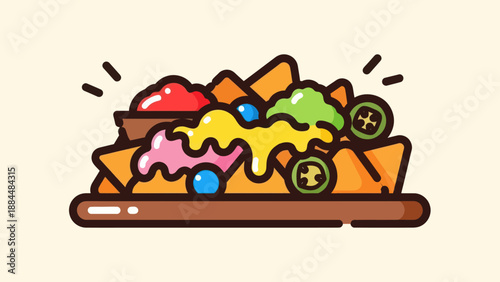 Colorful nachos illustration with variety of toppings on beige background