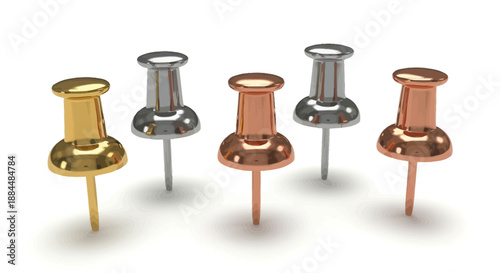 Colorful metal push pins in gold silver and copper on white background