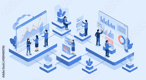 Business professionals analyze data on interconnected platforms with graphs