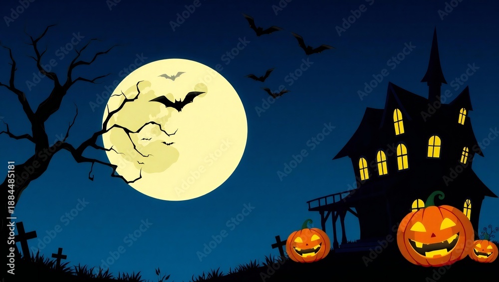 Fototapeta premium Spooky halloween scene with haunted mansion glowing jack-o'-lanterns and full moon with bats