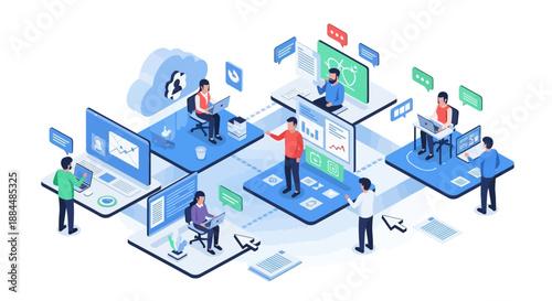 People interacting on large computer screens with digital interfaces and icons floating around