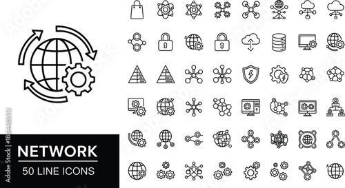 Global Network Line Icon Set Featuring Data Server Cloud Computing Cyber Security Information Technology And Digital Connectivity Symbols For Enterprise Infrastructure And Systems Management Graphics