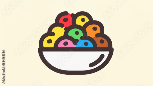 Colorful ice cream scoops in a white bowl against a light yellow background