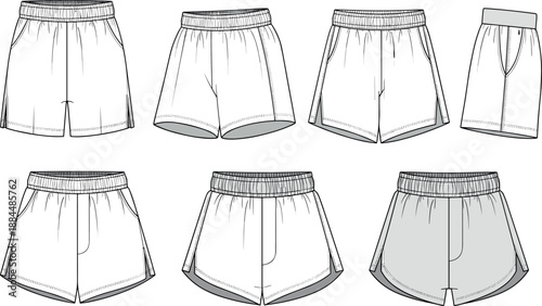 Collection of Technical Flat Sketches of Men Athletic Sports Shorts with Elastic Waistband Side Slits and Pockets for Fashion Design