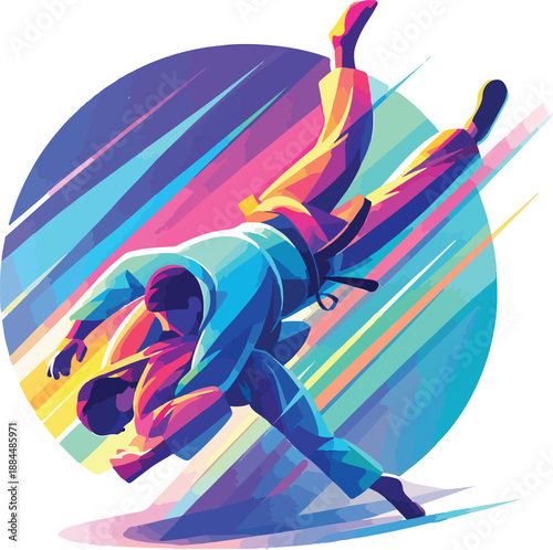 Dynamic illustration of judo athletes in action martial arts