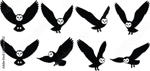 Flying barn owl silhouette vector set, black bird flight icons, wild animal shape collection, nature illustration for logo, tattoo, and halloween design.