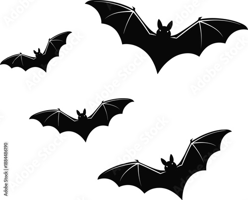 Flying bat silhouette vector illustration, black gothic animal icons, Halloween theme design, nocturnal creature artwork, spooky wings graphic, white background