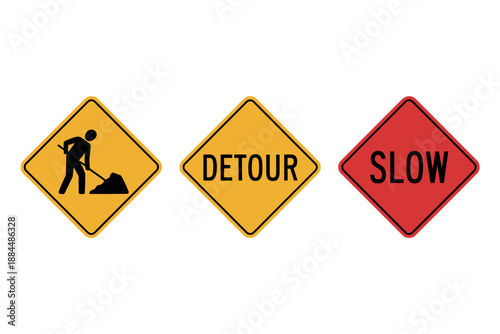 Road signs indicating detour, slow, and construction ahead warnings on highway
