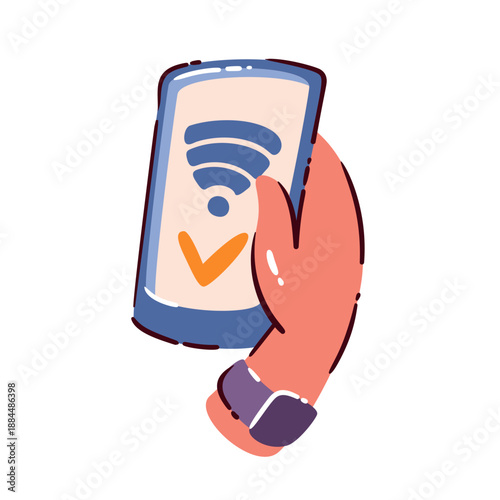 Hotel WiFi access on smartphone screen, wireless internet service for hotel guests and reception support. Modern simple cartoon doodle illustration of hotel WiFi access. Vector illustration