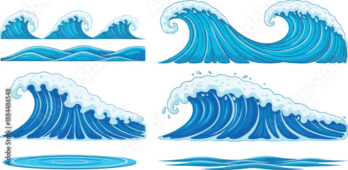 Detailed ocean wave vector set with foamy crests splashes and water surfaces for sea marine design